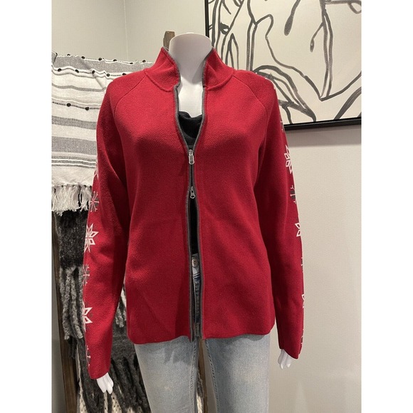 Eddie Bauer Fair Isle ❄️ Full Zip Front Red Sweater Cardigan Sport Sz M - Picture 3 of 7
